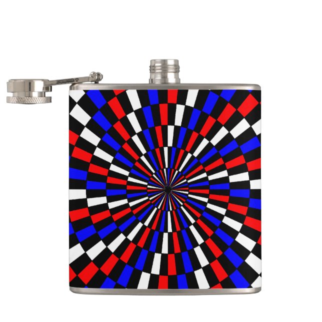 Red White Blue Checker Spiral by Kenneth Yoncich Hip Flask (Opened)
