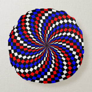 Red White Blue Checker Spiral by Kenneth Yoncich Round Pillow
