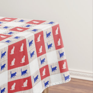 Red, White & Blue Checkerboard Cat Pattern Tablecloth