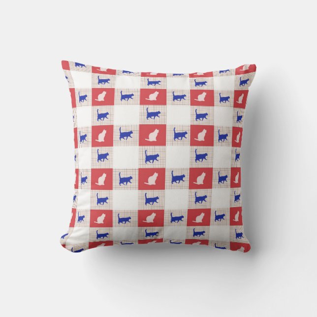 Red, White & Blue Checkerboard Cat Pattern Throw Pillow (Front)
