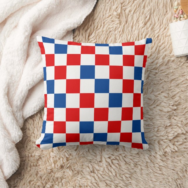Red White Blue Checkered Pattern Design  Throw Pillow (Blanket)