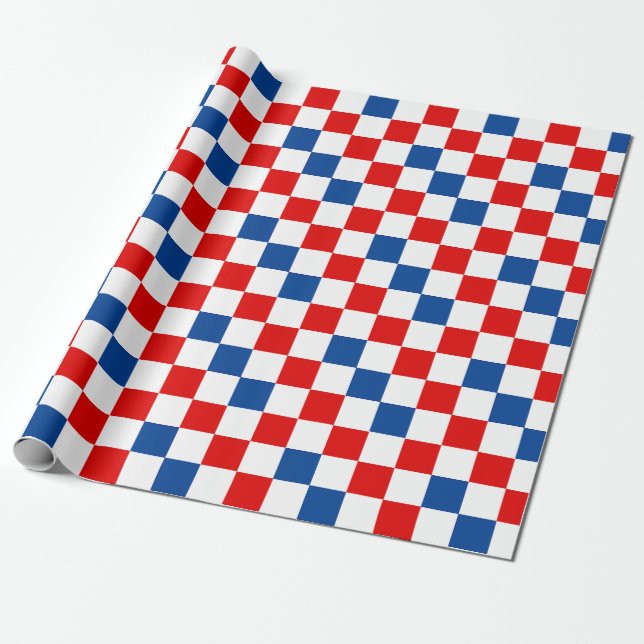 Red White Blue Checkered Pattern Design  Wrapping Paper (Unrolled)
