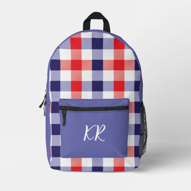 Red White Blue Checkered Plaid Pattern Initials Printed Backpack (Front)