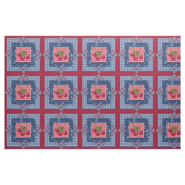 Red White Blue Cherries Gingham Patchwork Quilt Fabric (Yard)