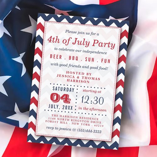 Red White  Blue Chevron 4th Of July Party Invitation