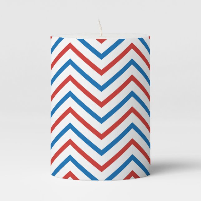 Red White Blue Chevron Pattern Pillar Candle (Front)