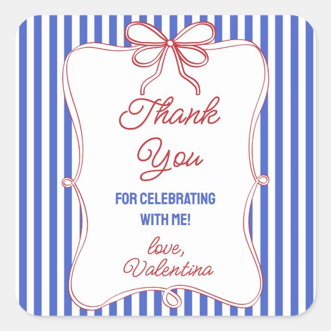 Red White Blue Classy Stripes with Ribbon Bow Square Sticker (Front)