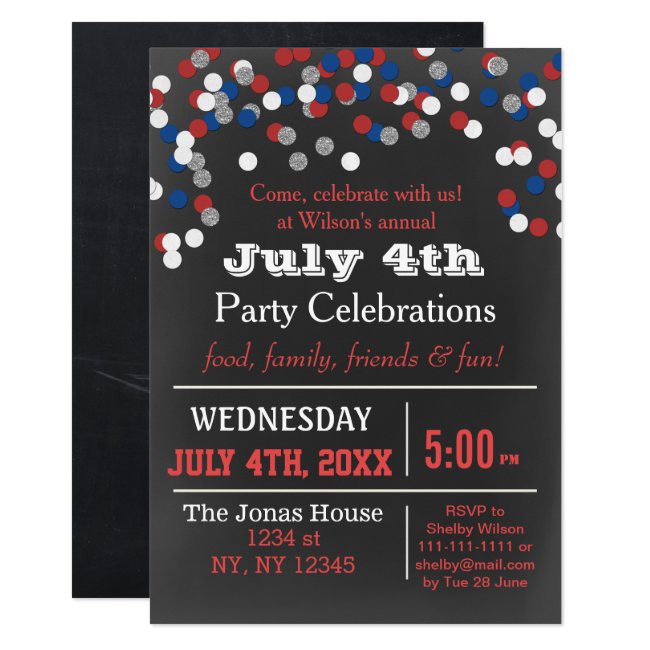 Red White Blue Confetti July 4th party Invitation