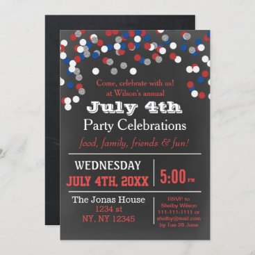Red White Blue Confetti July 4th party Invitation