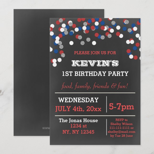Red White Blue Confetti memorial day birthday Invitation (Front/Back)