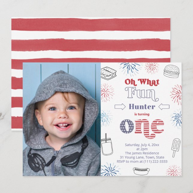 Red White Blue Cookout 1st Birthday Party Picture Invitation (Front/Back)