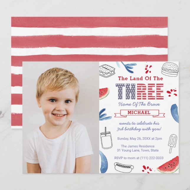 Red White Blue Cookout 3rd Birthday Party Picture Invitation (Front/Back)