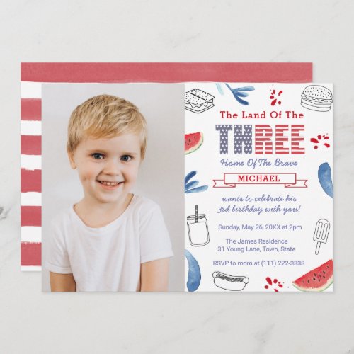 Red White Blue Cookout 3rd Birthday Party Picture Invitation