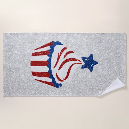 Red White  Blue Cupcake July 4 Glitter Beach Towel