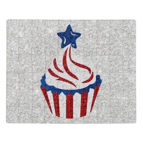 Red White  Blue Cupcake July 4 Glitter Jigsaw Puzzle