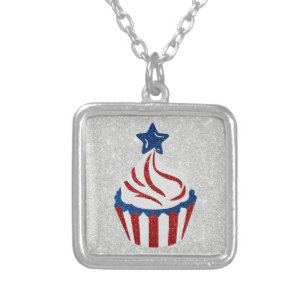 Red, White & Blue Cupcake July 4 Glitter Silver Plated Necklace