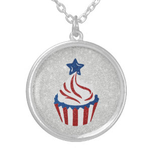 Red, White & Blue Cupcake July 4 Glitter Silver Plated Necklace