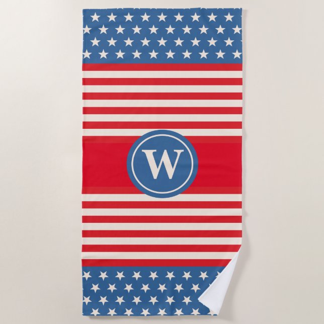 Red White Blue Customized Monogram Beach Towel (Front)