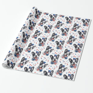 Red White Blue Cute Bulldog American Flag Stars Wrapping Paper