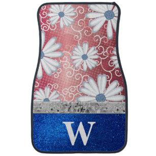 Red White Blue Daisy Glitter Monogrammed Classic Car Floor Mat