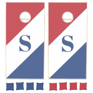 Red White Blue Diagonal Striped Monogram Cornhole Set