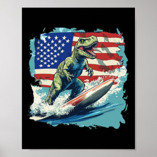 Red White Blue Dinosaur Surfing For Patriotic Juri Poster