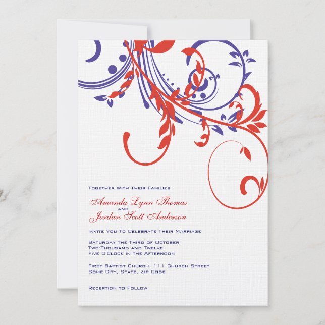 Red, White, Blue Double Floral Wedding Invitation (Front)