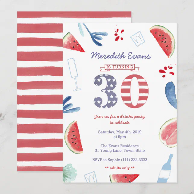 Red White Blue Drinks Party for 30th Birthday Invitation | Zazzle
