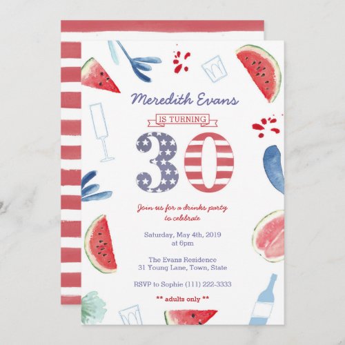 Red White Blue Drinks Party for 30th Birthday Invitation