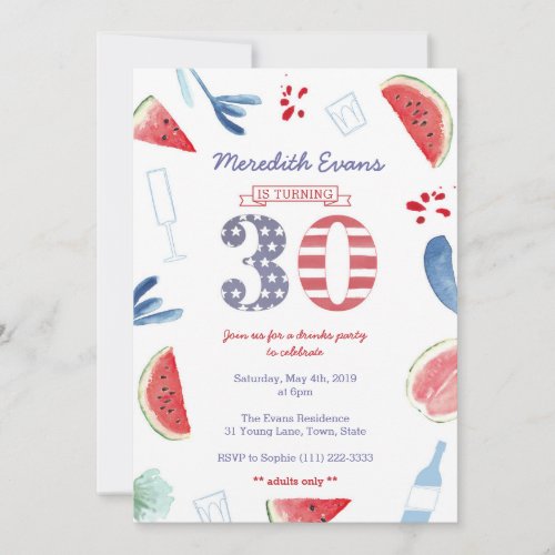 Red White Blue Drinks Party for 30th Birthday Invitation