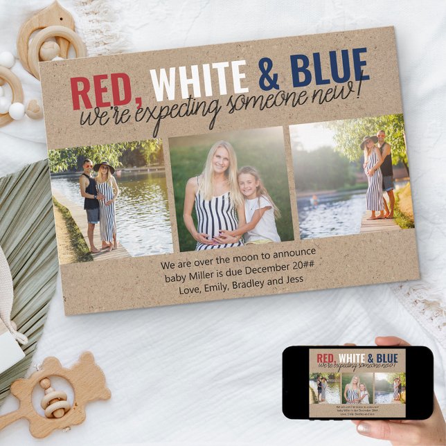 Red White Blue Expecting Somone New 3 Photo Announcement (Creator Uploaded)