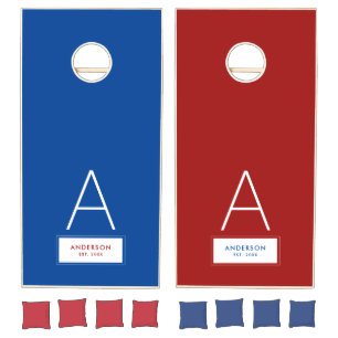  Red White Blue Family Modern Monogram Name  Cornhole Set