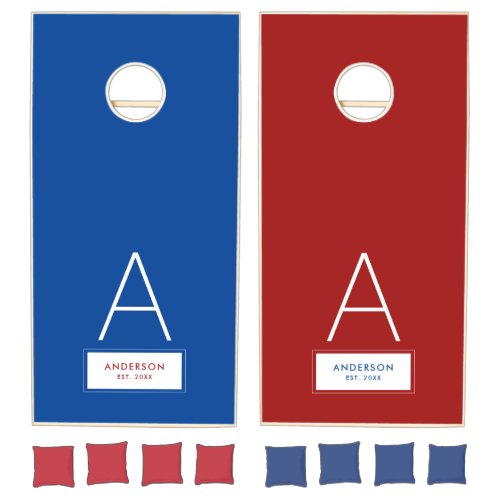  Red White Blue Family Modern Monogram Name  Cornhole Set