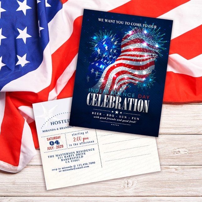 Red, White, Blue Fireworks 4th Of July Invitation Postcard (Creator Uploaded)