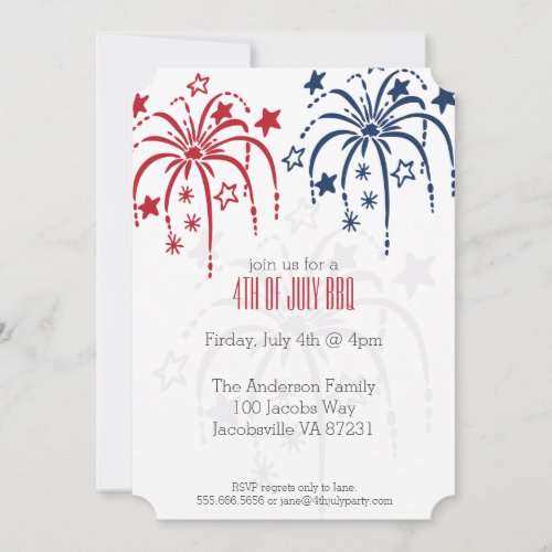 Red White  Blue Fireworks 4th of July Invitations