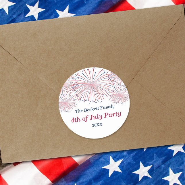 Red, White & Blue Fireworks 4th Of July Party Classic Round Sticker (Creator Uploaded)