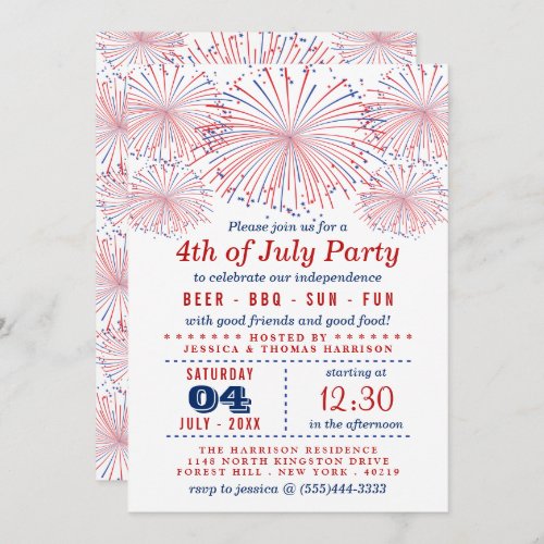 Red, White & Blue Fireworks 4th Of July Party Invitation - Red, White & Blue Fireworks 4th Of July Party Invitations.