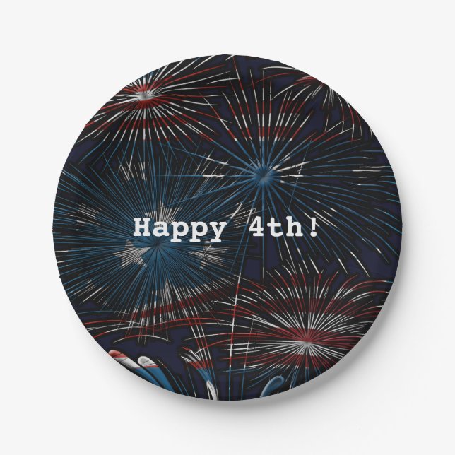 Red White Blue Fireworks 4th of July Party Plates (Front)