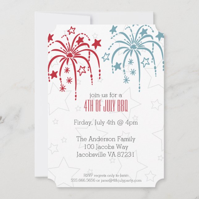 Red White & Blue Fireworks and Stars 4th of July Invitation (Front)