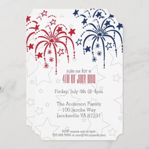 Red White  Blue Fireworks and Stars 4th of July Invitation