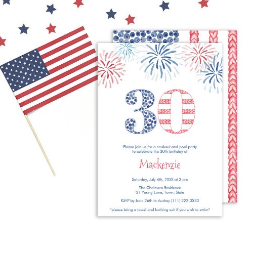 Red White Blue Fireworks BBQ 30th Birthday Party Invitation