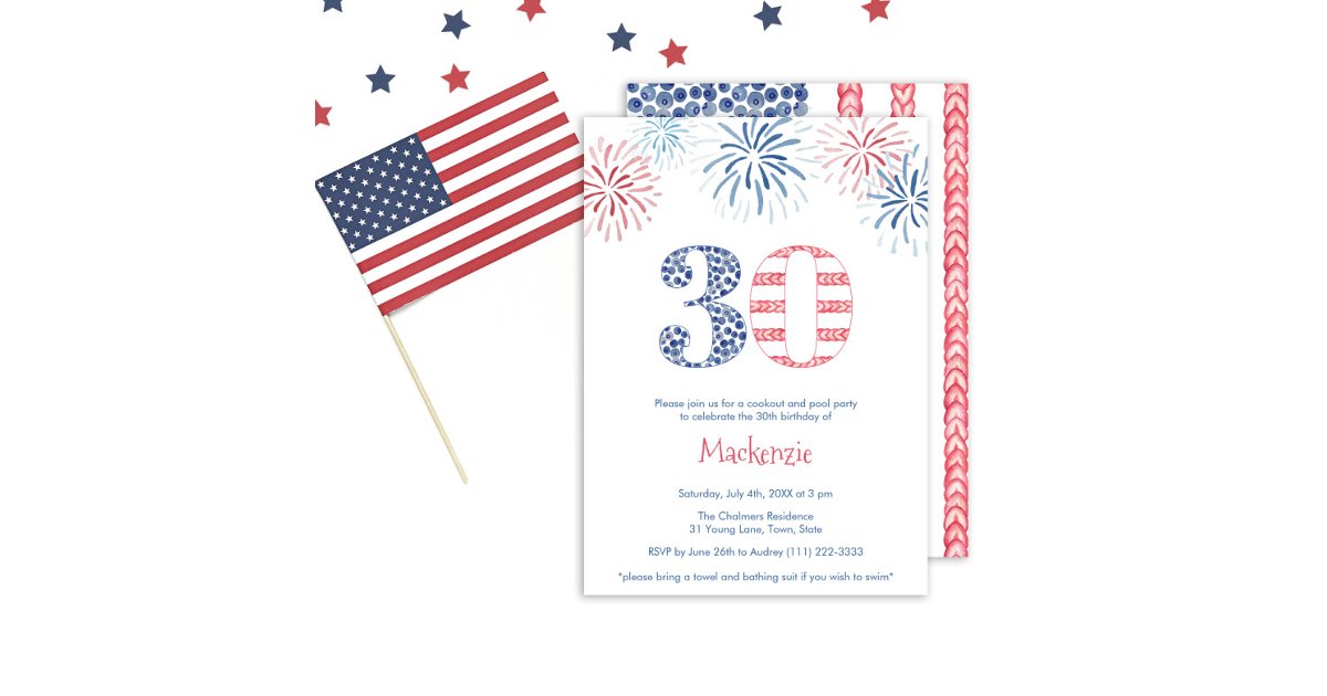 Red White Blue Fireworks BBQ 30th Birthday Party Invitation | Zazzle