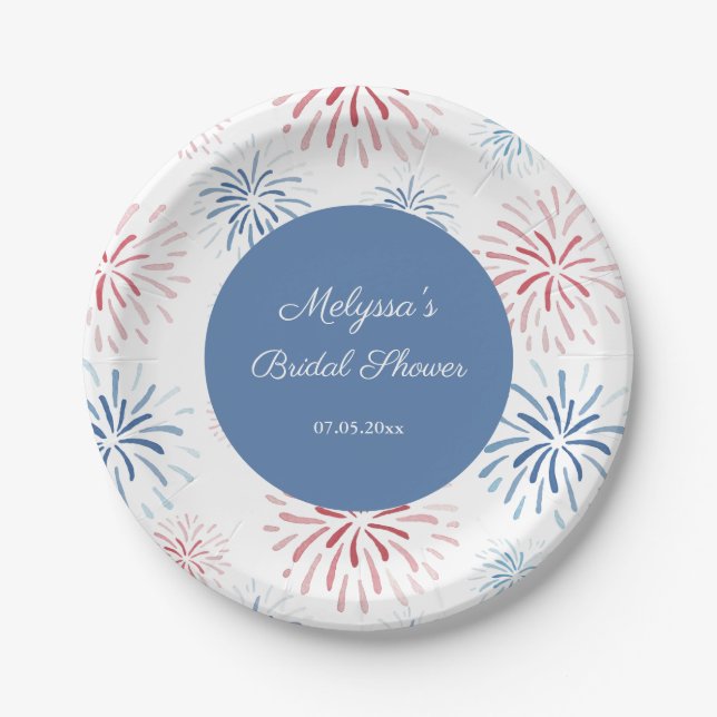 Red White Blue Fireworks Couples Shower Cookout Paper Plates (Front)