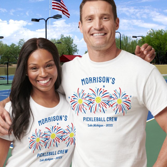 Red White Blue Fireworks July 4th Pickleball Party T-Shirt (Creator Uploaded)