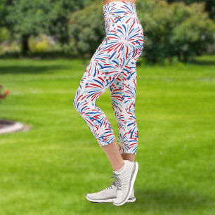 Red White Blue Fireworks Patriotic 4th of July Capri Leggings