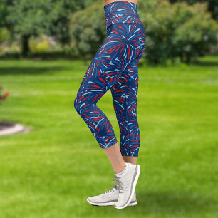 Red White Blue Fireworks Patriotic 4th of July  Capri Leggings