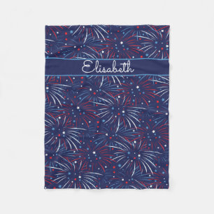 Red White Blue Fireworks Stars Add Name Fleece Blanket