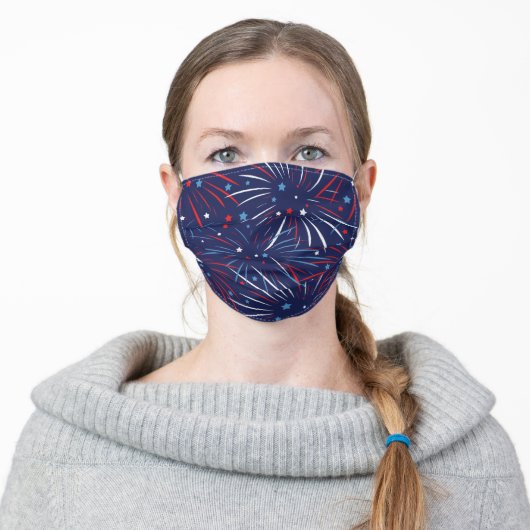 Red White Blue Fireworks Stars Adult Cloth Face Mask (Worn)