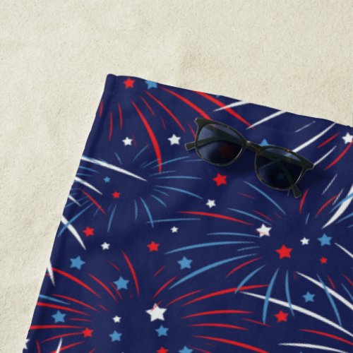 Red White Blue Fireworks Stars Beach Towel