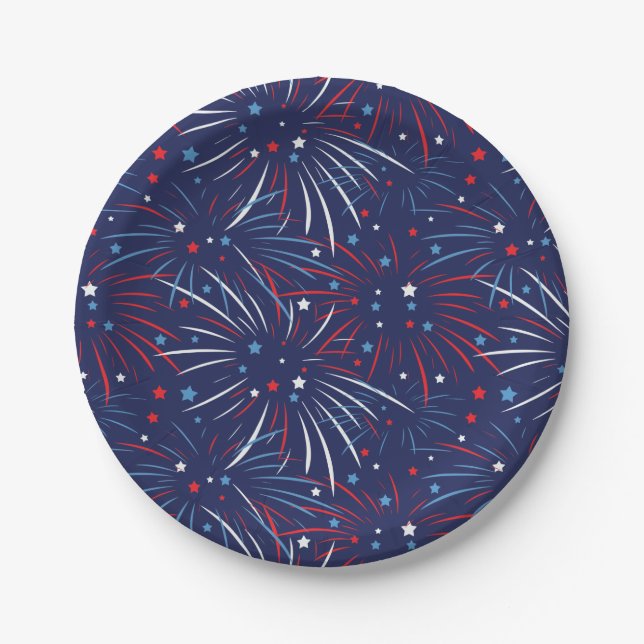 Red White Blue Fireworks Stars Paper Plates (Front)